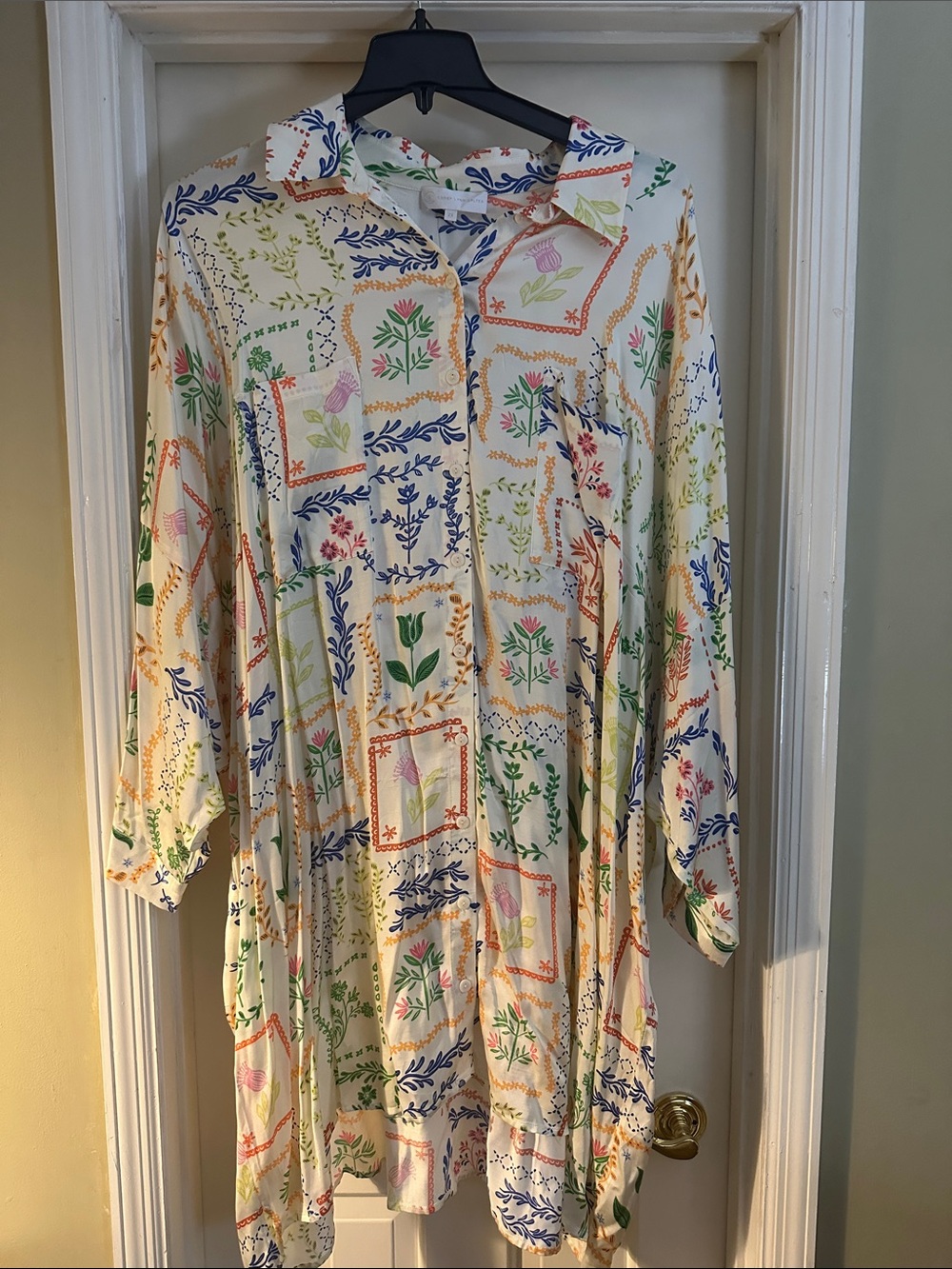 Floral Patchwork Button-Front Women’s Shirt Dress - Cream Multicolor